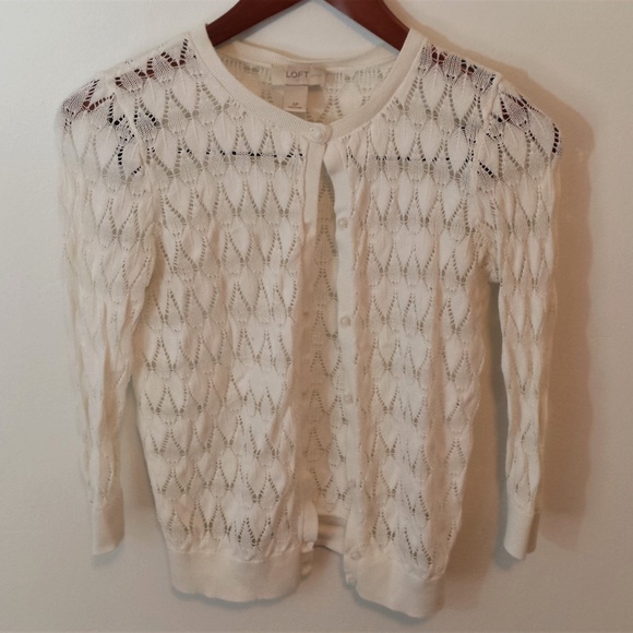 LOFT Sweaters - White Crochet Loft Petite Button Up Cardigan